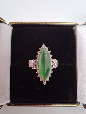 Vintage 18K White Gold Jadeite and Diamond Halo Statement Ring